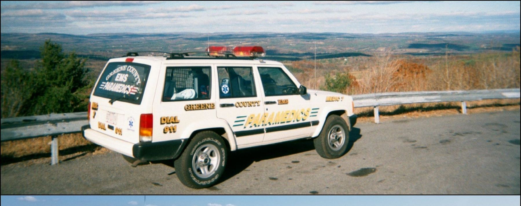Greene County EMS Paramedics Medic 7 Jeep Cherokee at a scenic overlook