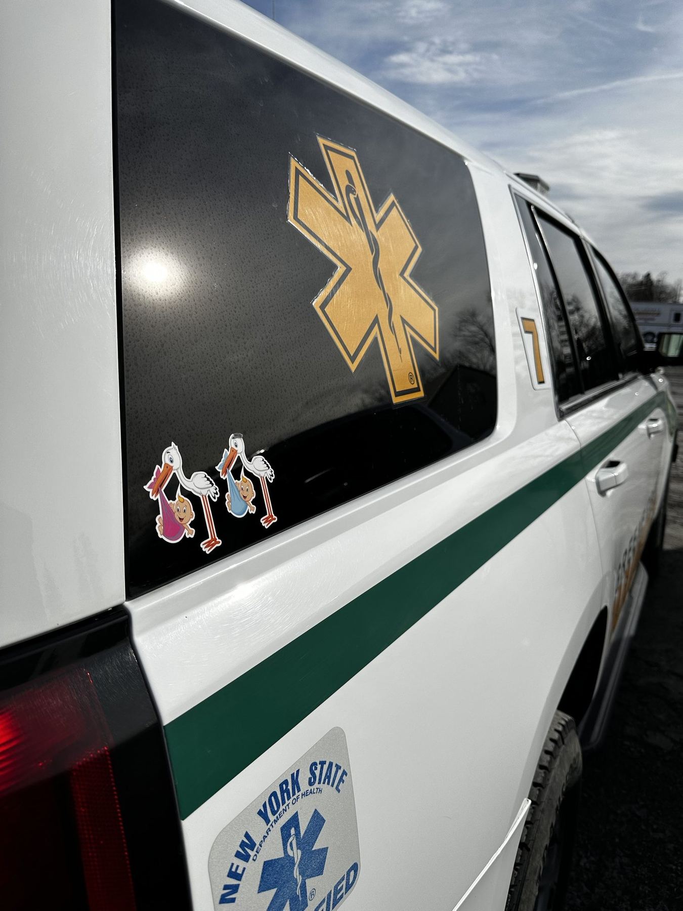 Medic 7 window with the Star of Life and two stork stickers