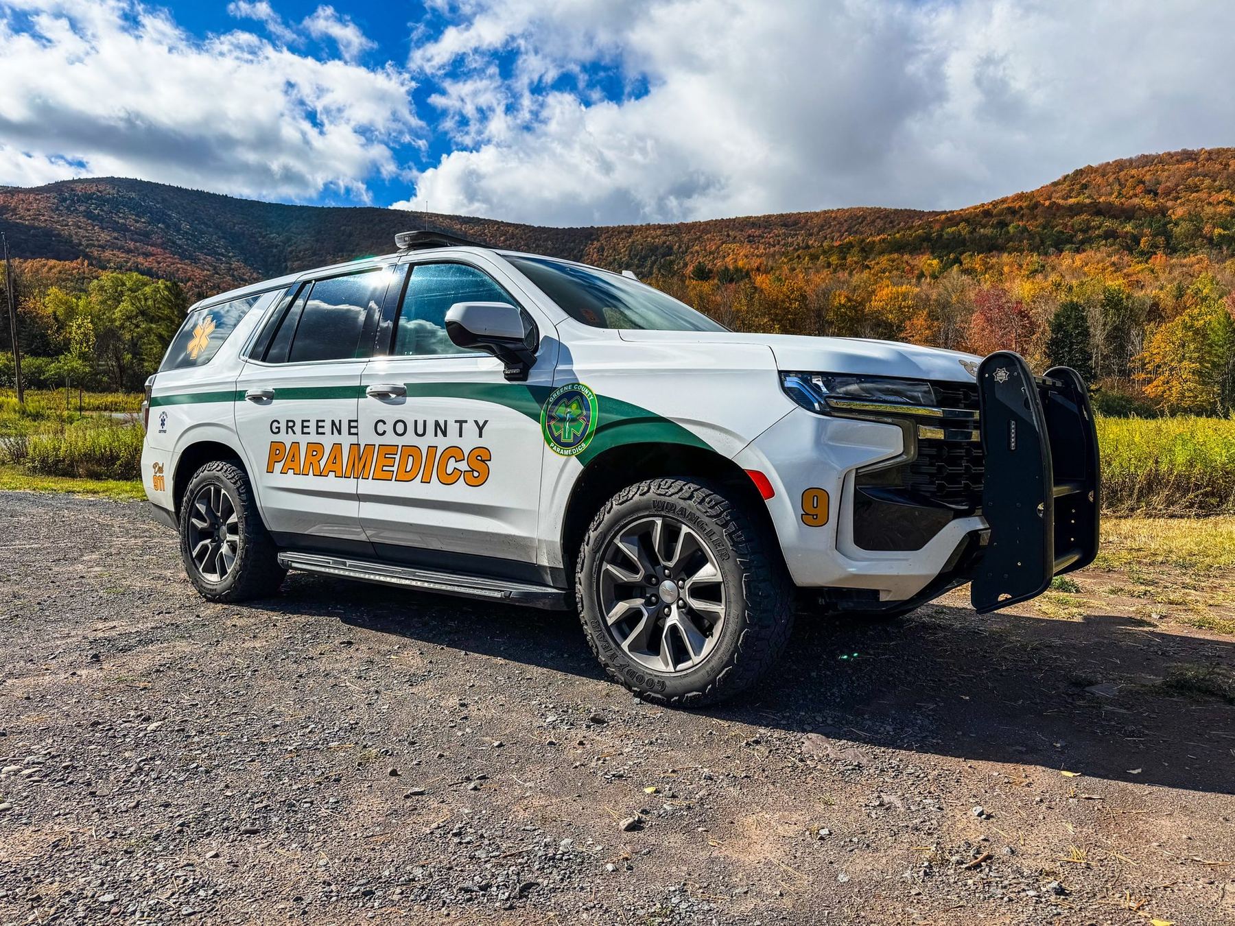 Medic 9 in front of the Catskills in fall color